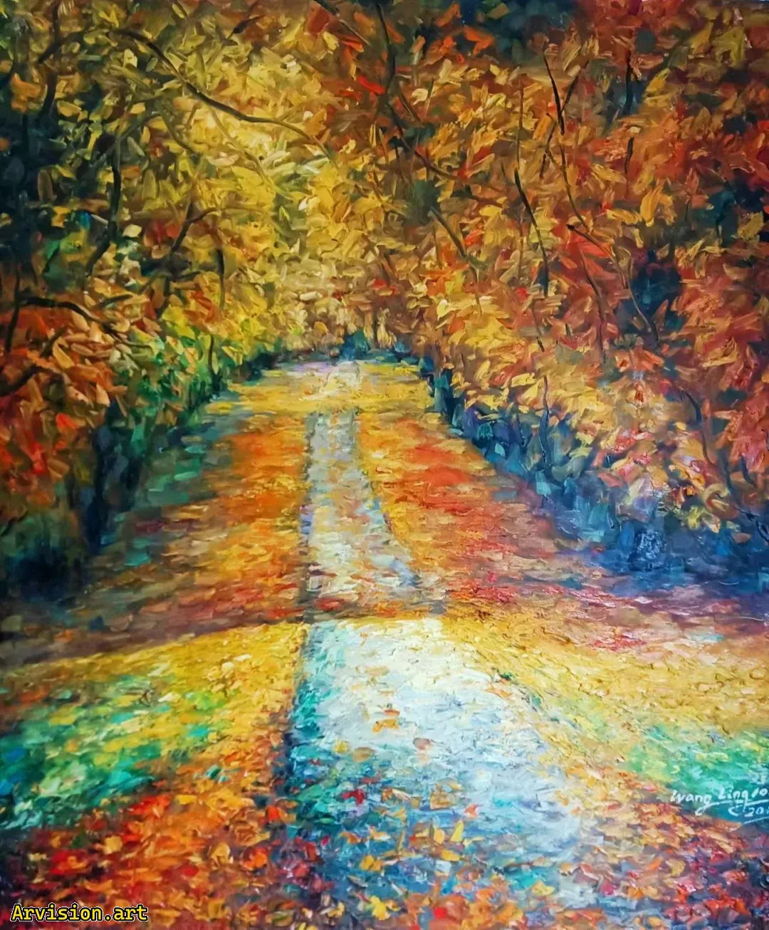 王琳油画深秋的乡间公路